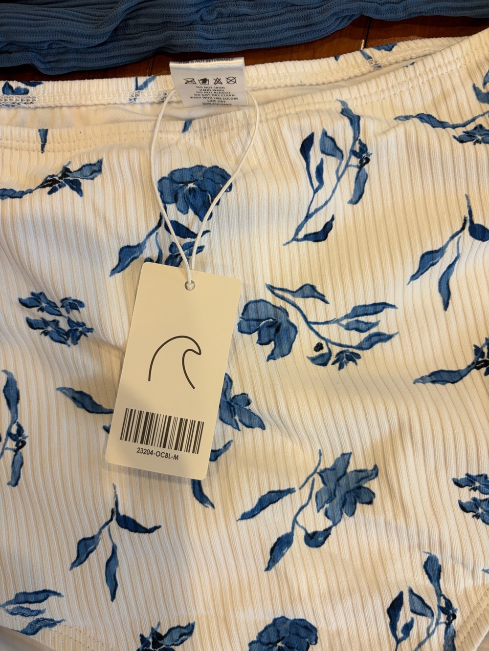 Blue Ribbed Tank Bikini Top with White & Blue Floral High-Waist Bottoms - Picture 3 of 5